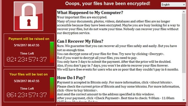 Screenshot of the wannacry message to the user that their files have been encrypted