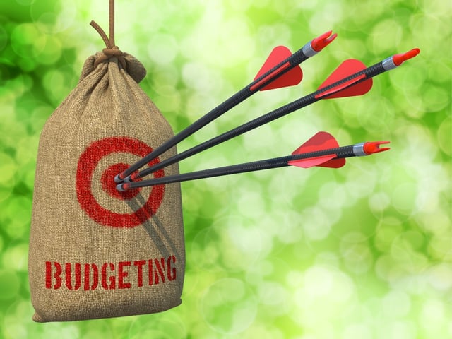Budgeting - Three Arrows Hit in Red Target on a Hanging Sack on Green Bokeh Background..jpeg